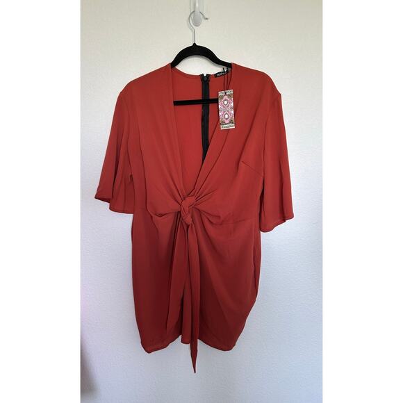 BooHoo Burnt Orange Crepe Tie Front Dress - US14 - Picture 1 of 3
